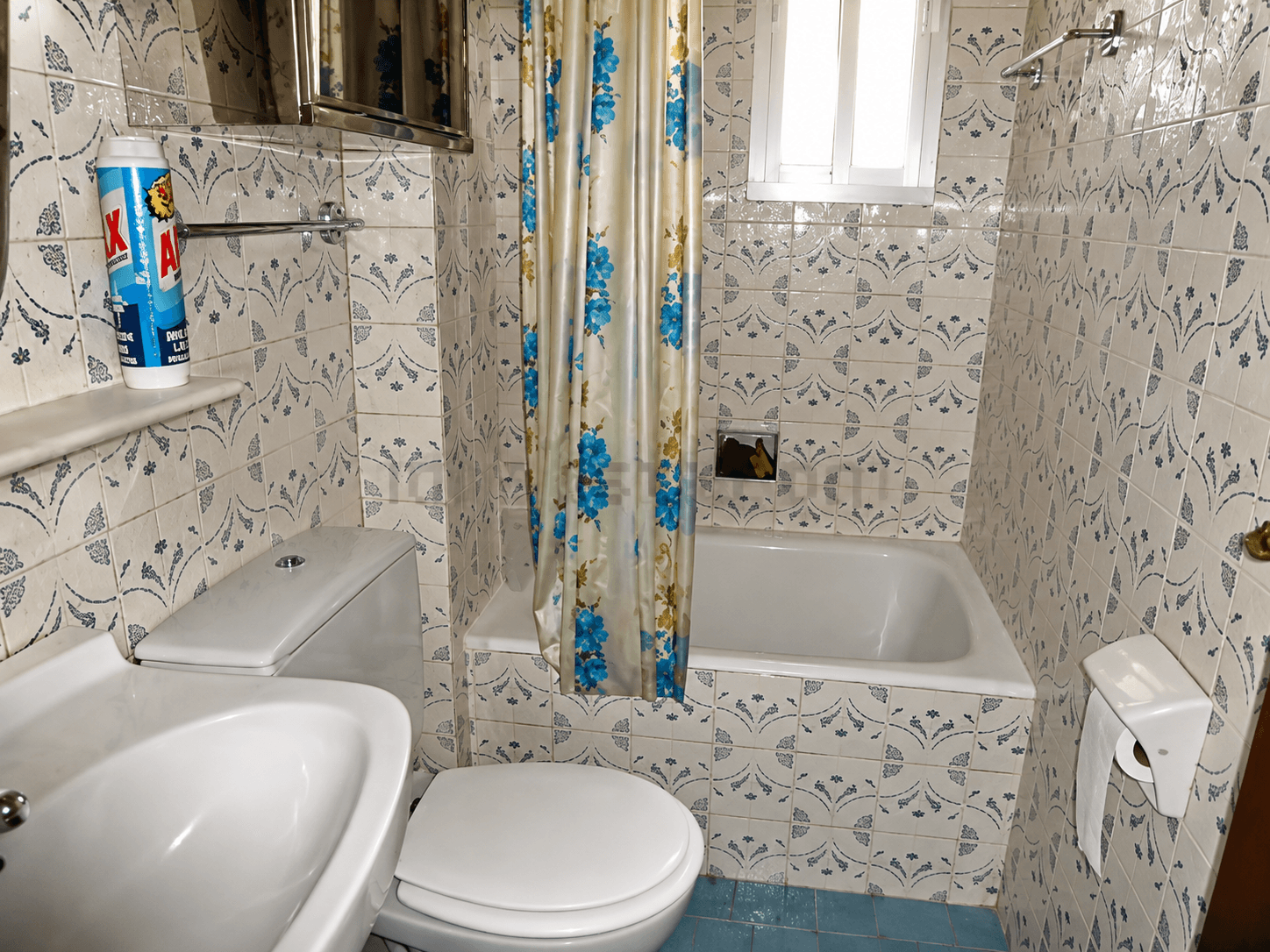 Baño antes de la reforma, con azulejo estampado y bañera original